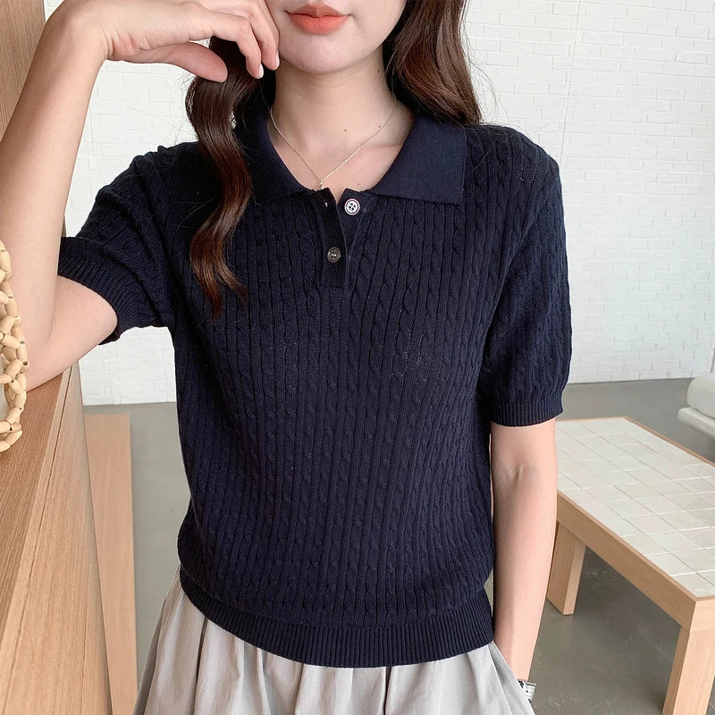 WinvyNee Women Cotton T-shirt Summer Short Sleeve Blue Solid Slim Fit Y2k Polo Collar Casual Pullovers Clothing Basic ZA1523009 - Matrix-studios.com