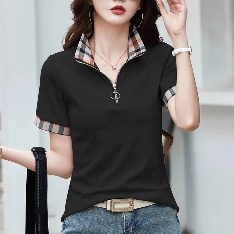 European Station Polo Collar Checkered Short sleeved T-shirt Women's Summer New Fashion Light Luxury Loose Pure Cotton Top - Matrix-studios.com