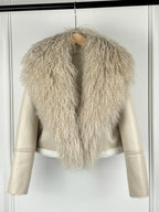 2025 Winter Women Warm Faux Leather Sheepskin Coat Female Zipper Slim Streetwear Moto Biker Jacket Large Real Wool Fur Collar - Matrix Studios