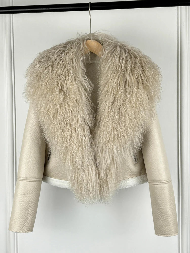 2025 Winter Women Warm Faux Leather Sheepskin Coat Female Zipper Slim Streetwear Moto Biker Jacket Large Real Wool Fur Collar - Matrix Studios