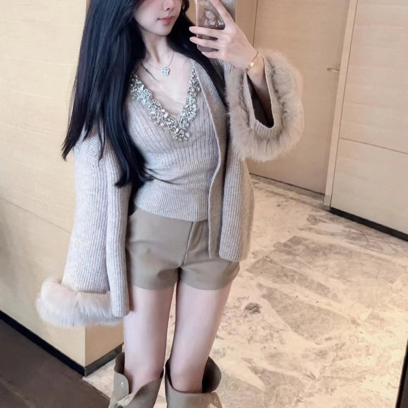 Heavy Diamond V-neck Sexy Slim Fit Knitted Vest+ Autumn Winter Long Sleeve Cardigan Coat Women 2026 New Two Piece Sets - Matrix Studios