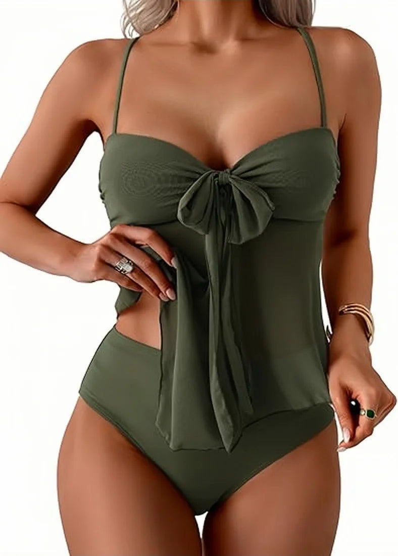 Women Solid Front Bow Chiffon Bikinis Set 2 Piece Tankini Swimsuit Strapless Bandeau Spaghetti Strap High Cut Beach Swimwear - Matrix-studios.com