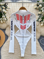 SINGREINY Autumn Long Sleeves Bodysuits Female O Neck Moto Biker Slim Top Streetwear Open Crotch Hotsweet Print Playsuits - Matrix Studios