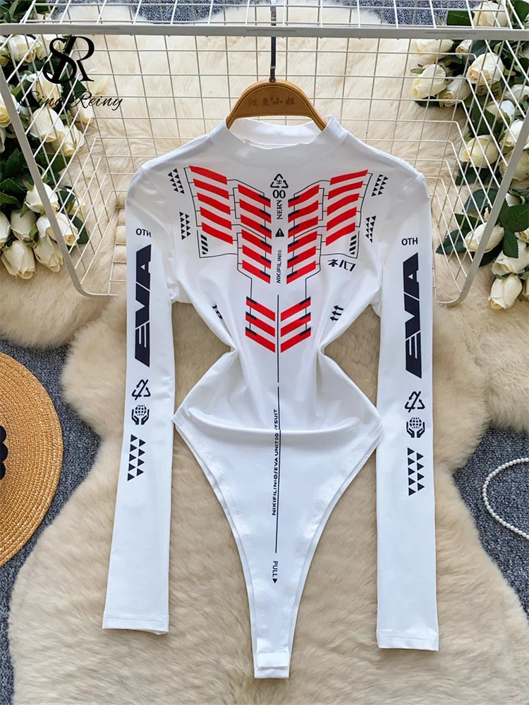 SINGREINY Autumn Long Sleeves Bodysuits Female O Neck Moto Biker Slim Top Streetwear Open Crotch Hotsweet Print Playsuits - Matrix Studios
