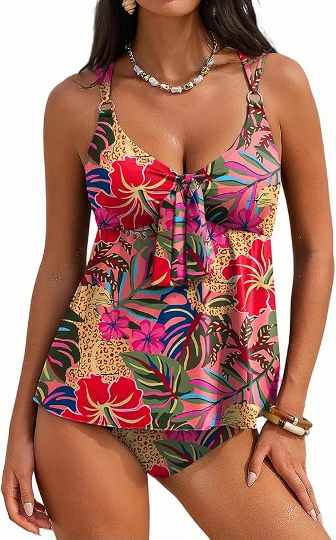 Women Bikinis Set Solid Two Piece Tankini Swimsuit V Neck Front Knot Flowy Overlay Top O Ring High Rise Tummy Control Swim - Matrix-studios.com