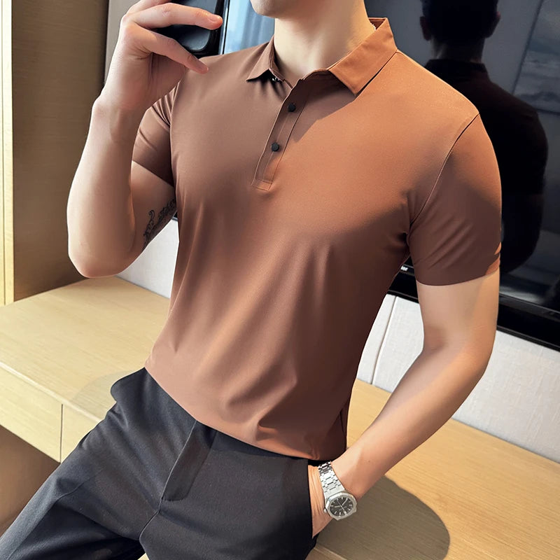 Ice Silk High Elastic Seamless T-shirt ,Summer Thin Polo Shirt, Solid Color Polo Collar Short Sleeve Brown Top, Business Leisure - Matrix-studios.com
