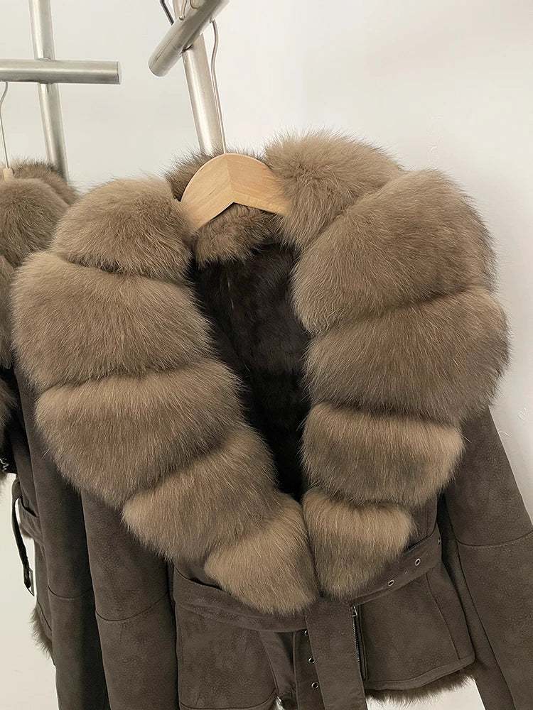 OFTBUY New Autumn Winter Real Fox Fur Collar Clothes Female Belt Suede Jacket Women Thick Warm Natural Rabbit Fur Lining Coat - Matrix Studios