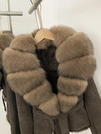 OFTBUY New Autumn Winter Real Fox Fur Collar Clothes Female Belt Suede Jacket Women Thick Warm Natural Rabbit Fur Lining Coat - Matrix Studios
