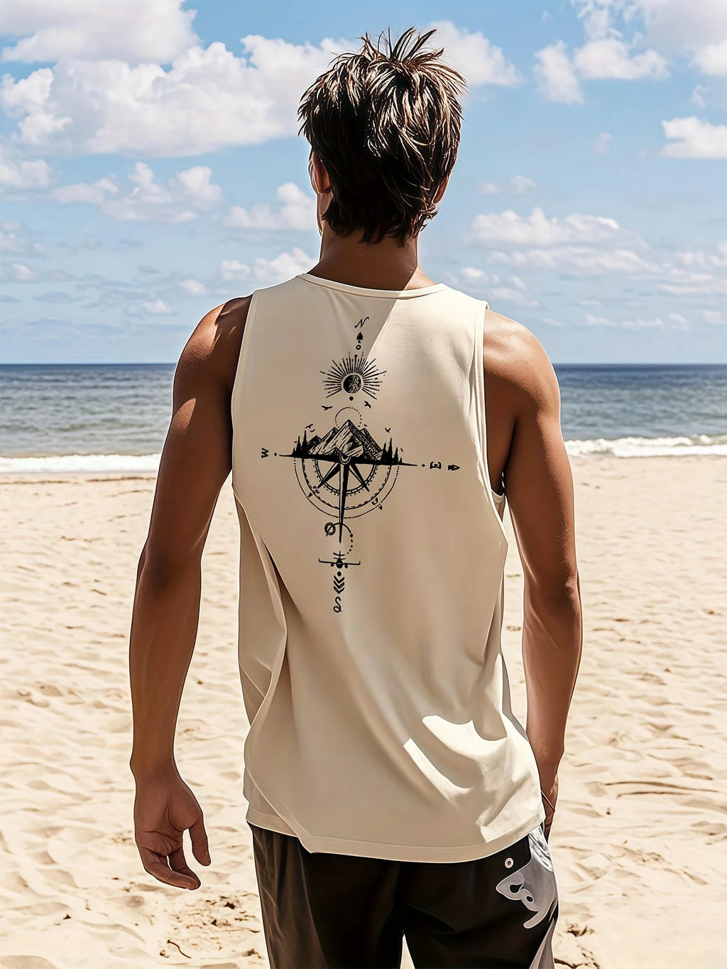 Men's Fashionable Casual Sports Loose Compass and Mountain Pattern Print Comfortable and Breathable Round Neck Sleeveless Vest - Matrix Studios