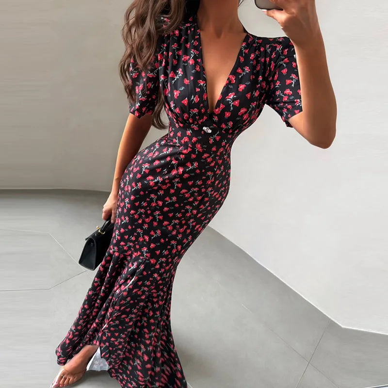 Organza Floral Printed Maxi Dress V-Neck  Puff Sleeve 2026 Spring/Summer Romantic Women Party Gown Fashion Elegant Lady Vestidos - Matrix-studios.com