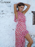 Cutenew Floral Print Women Midi Dresses Fashion Incline Shoulder Bandage Ruffle Splited Vestidos Female Vacation Street Bodycon - Matrix-studios.com