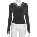 Tornova V neck Lace T shirt Top Women Sexy Navel Exposed Pullover Fashion Splice Hot Girl Club Party Top Autumn New Lady T shirt - Matrix-studios.com