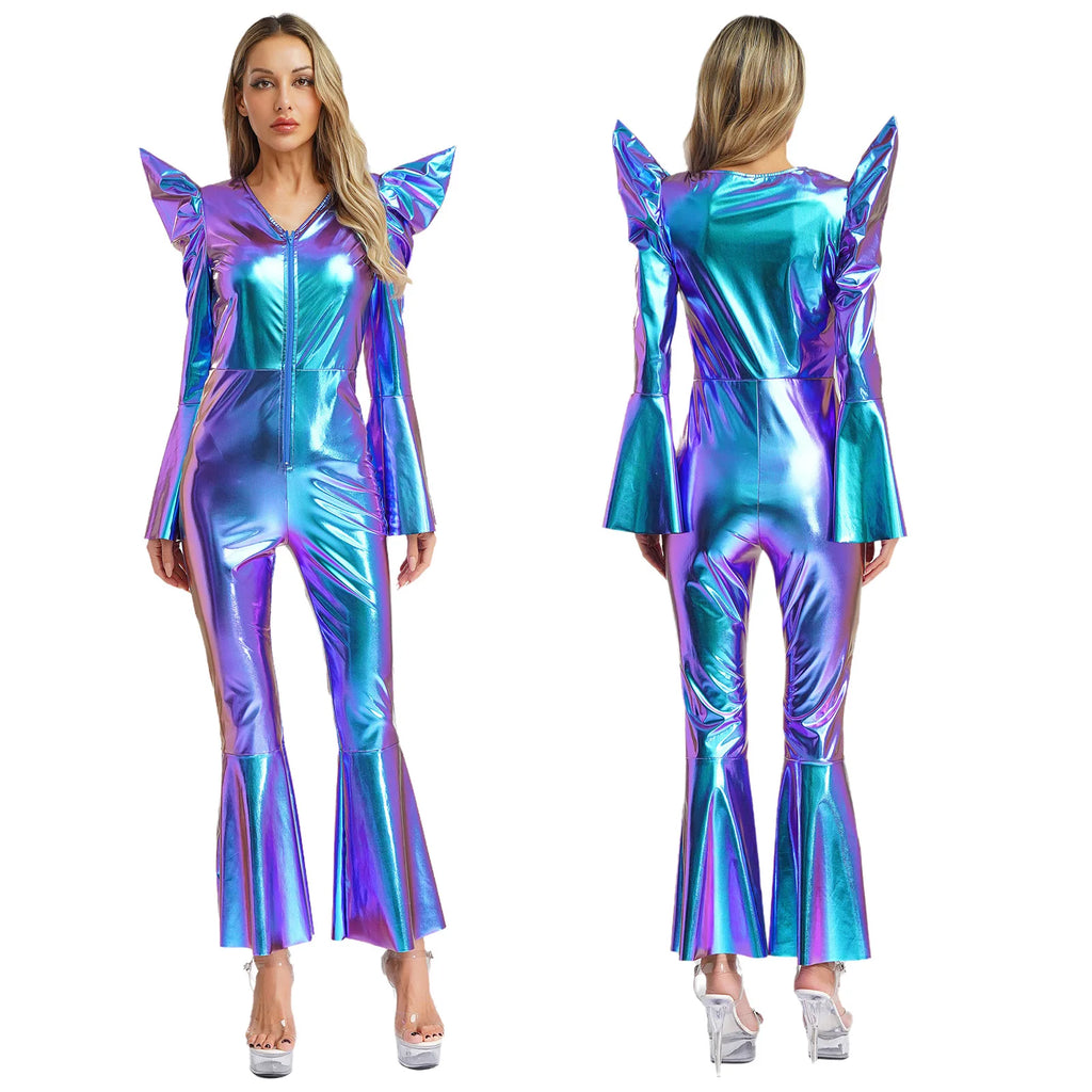 Women Vintage One Piece 70s Disco Dance Rompers Sleeveless Metallic Bell Bottom Flared Pants Jumpsuit for Retro Party Jazz Dance - Matrix Studios
