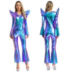Women Vintage One Piece 70s Disco Dance Rompers Sleeveless Metallic Bell Bottom Flared Pants Jumpsuit for Retro Party Jazz Dance - Matrix Studios