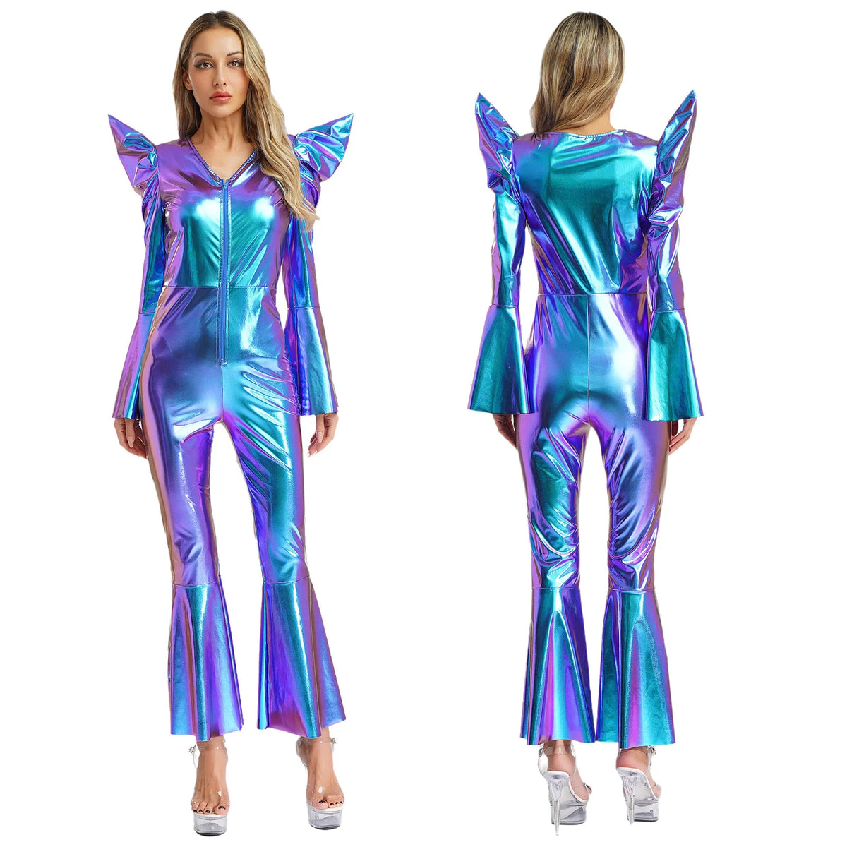 Women Vintage One Piece 70s Disco Dance Rompers Sleeveless Metallic Bell Bottom Flared Pants Jumpsuit for Retro Party Jazz Dance - Matrix Studios