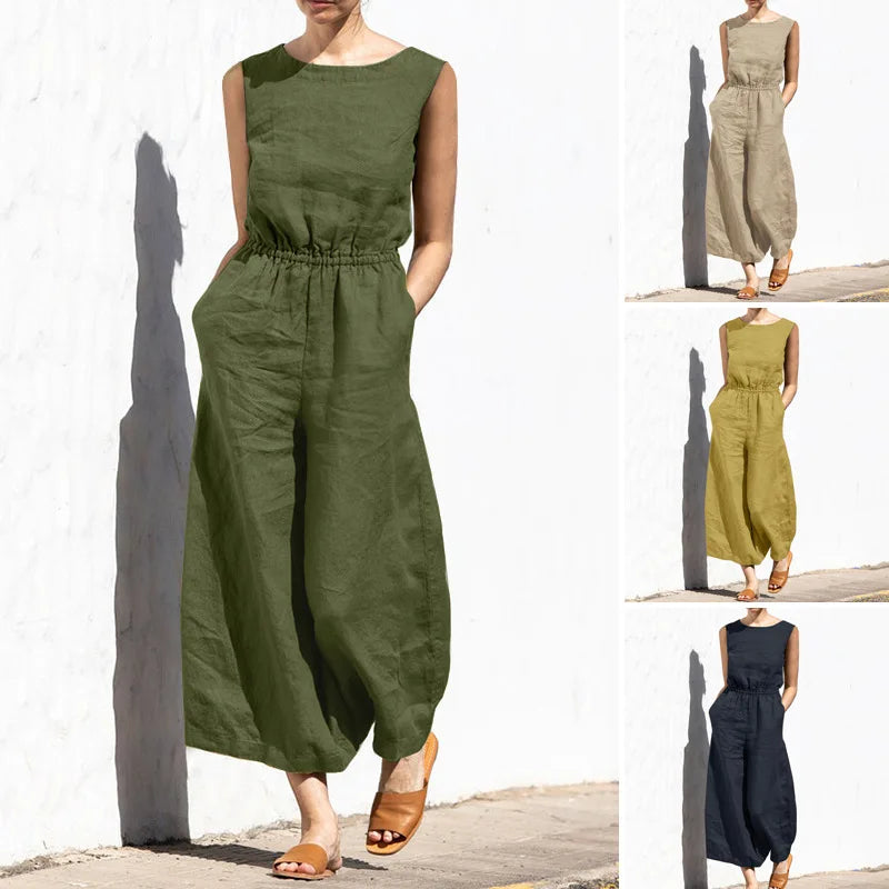 Cotton And Linen Jumpsuit Women Solid Color Sleeveless Pocket High Waist Wide Legs Jumpsuits Casual Commuting Ladies Bodysuits - Matrix Studios