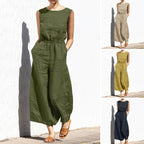 Cotton And Linen Jumpsuit Women Solid Color Sleeveless Pocket High Waist Wide Legs Jumpsuits Casual Commuting Ladies Bodysuits - Matrix Studios