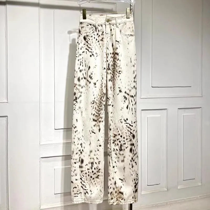 Leopard Print Jeans for Women High Waisted Y2k Retro Fashion Streetwear Denim Pants Hip Hop Straight Wide Leg Baggy Jeans - Matrix-studios.com
