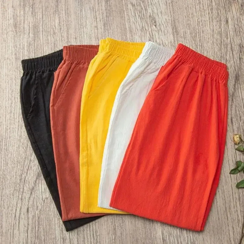 Women Summer Casual Loose Harem Elastic Waist Cotton Linen Pants Ninth Trousers - Matrix-studios.com