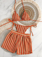 2026 new style boxer shorts mesh three-piece women's swimsuit neck lace-up bikini set - Matrix-studios.com