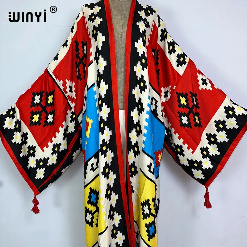2023 WINYI New Cotton Feeling Bikini Cover-ups Bohemian Print Front Open Long Kimono Kaftan Beach Cover Ups for Swimwear Dresses - Matrix Studios