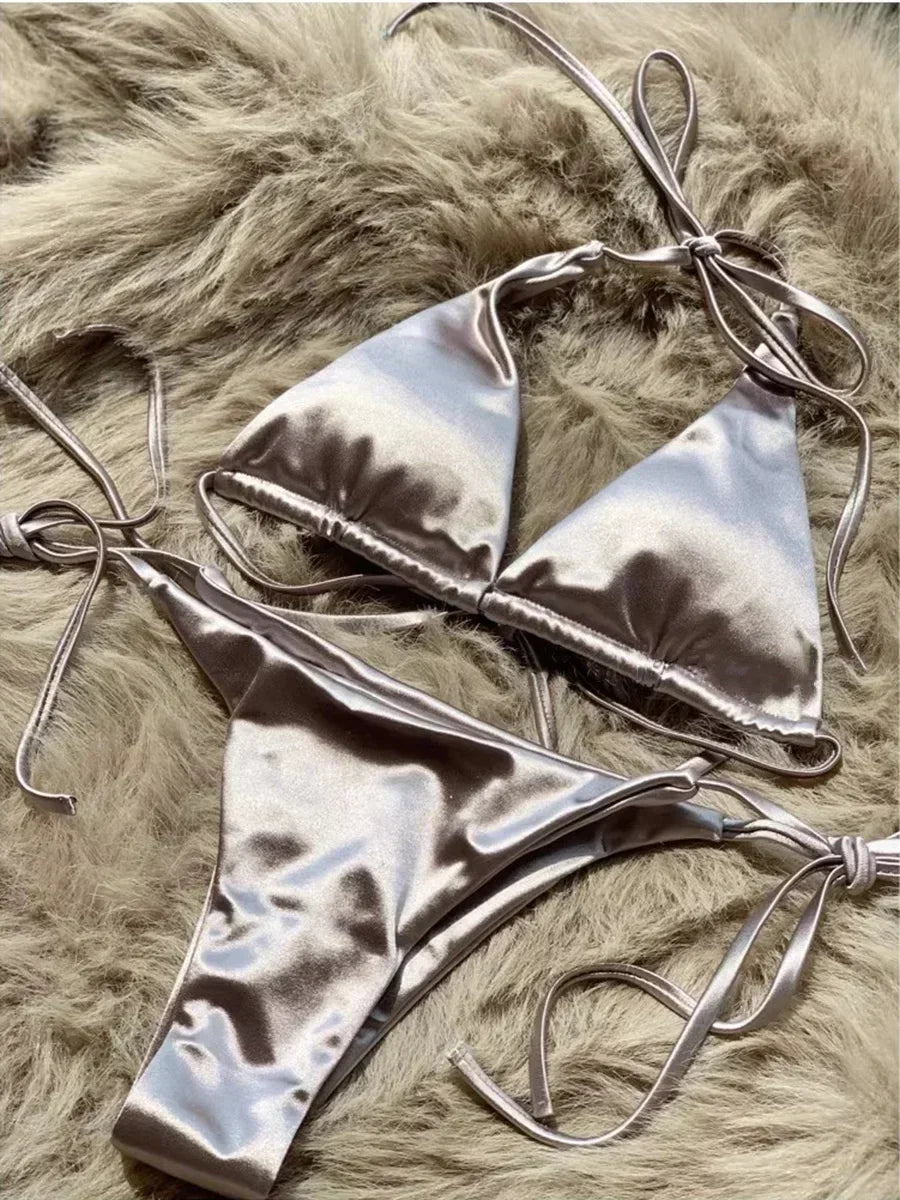 Halter Brazilian Metallic Satin Bikini Women Swimwear Female Swimsuit Two-pieces Bikini Set High Cut Bathing Suit Swim Beachwear - Matrix-studios.com