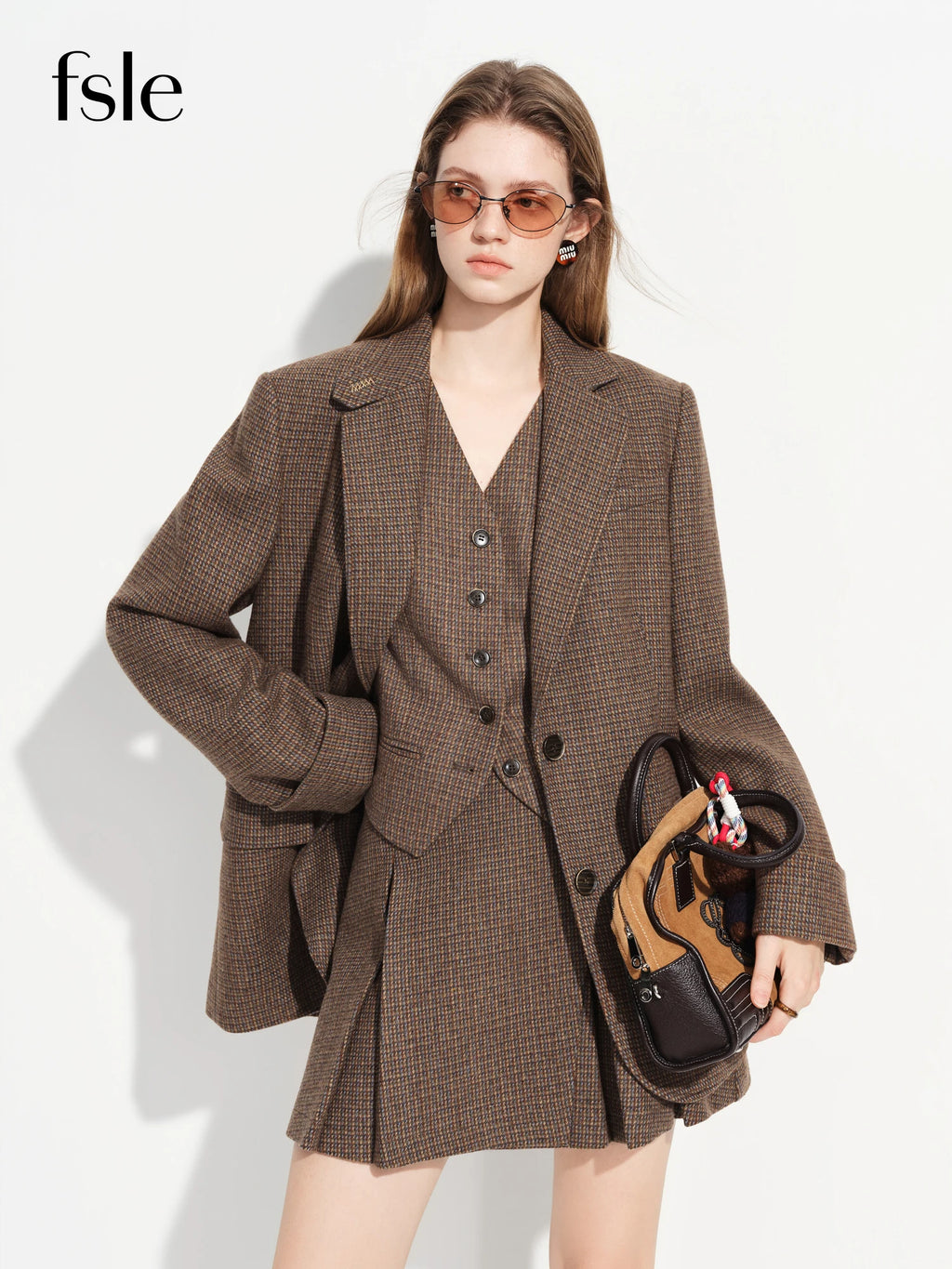 FSLE【Premium Series】New Women's Brown Wool Checkered Suit Set Blazer Vest Skirt Three Piece Coord Vintage Office Chic Suiting - Matrix-studios.com