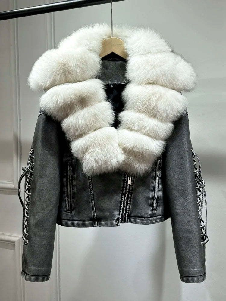 2024 Luxury Autumn Winter Real Natural Fox Fur Collar Washed Leather Coat Women Lace-up Faux Pu Leather Short Tassel Loose Coat - Matrix Studios