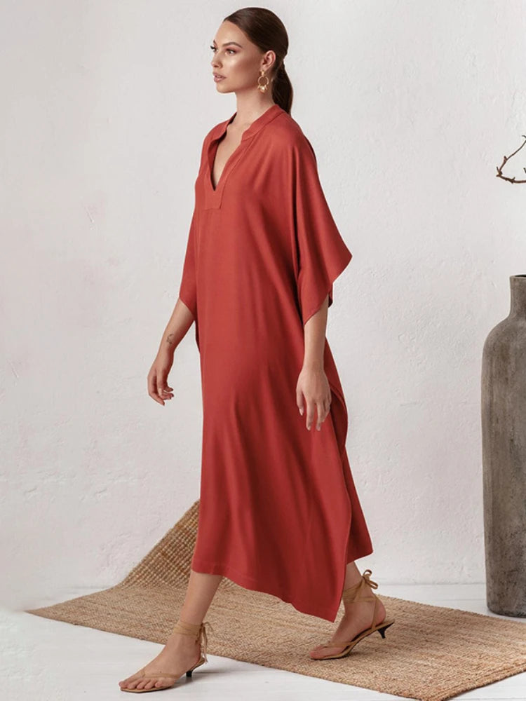 Swimsuit Cover Up Women Kaftan Beach Tunic Solid V Neck Elegant Summer Long Dress Loose Beachwear Bathing Suit Swimwear - Matrix Studios