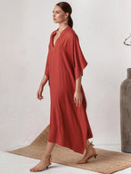 Swimsuit Cover Up Women Kaftan Beach Tunic Solid V Neck Elegant Summer Long Dress Loose Beachwear Bathing Suit Swimwear - Matrix Studios