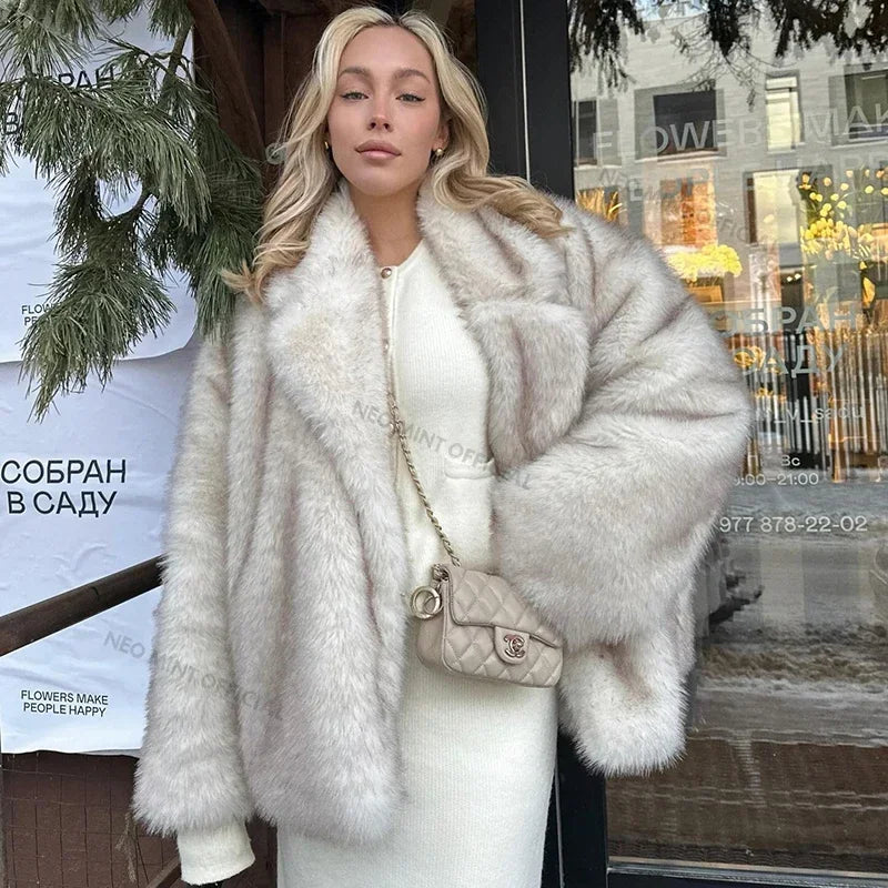 Neo Mint 2024 Winter Ins Hot Fashion Girls Oversized Gradient Fur Coat Women Thick Warm Outerwear Fluffy Faux Fox Fur Jacket - Matrix Studios