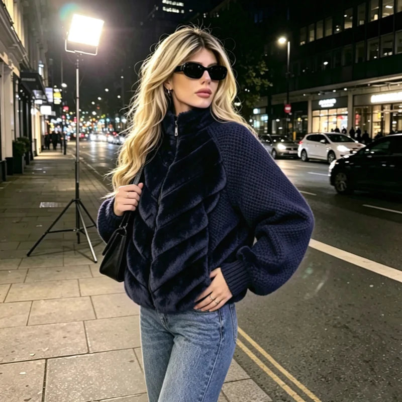 Street Faux Fur Patchwork Jacket Women Design Sense Long Sleeves Casual Female Coat 2025 Autumn Winter Lady Streetwear New - Matrix Studios
