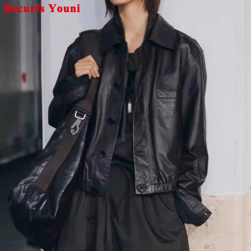 Advanced Oil Wax Leather Jacket for Women Autumn Winter Female 100% Lambskin Square Neck Elastic Waist  Loose Coat Vestes Femmes - Matrix Studios