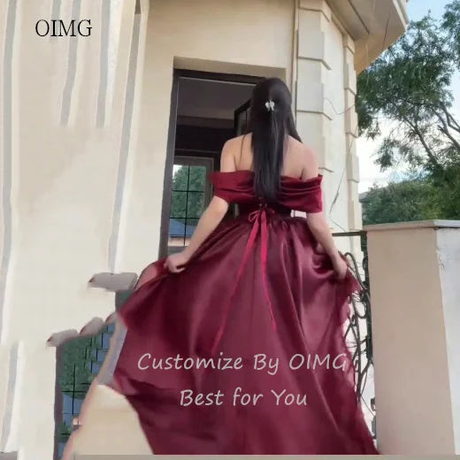 OIMG Elegant Burgundy Off The Shoulder Asymmetry Prom Gowns Backless Gala-ready Party Gown Floor Length Evening Dress Customized - Matrix-studios.com