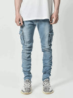 2026Jeans Men Pants Wash Solid Color Multi Pockets Denim Mid Waist Cargo Jeans Plus Size Fahsion Casual Trousers Male Daily Wear - Matrix Studios