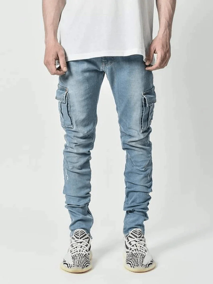 2026Jeans Men Pants Wash Solid Color Multi Pockets Denim Mid Waist Cargo Jeans Plus Size Fahsion Casual Trousers Male Daily Wear - Matrix Studios