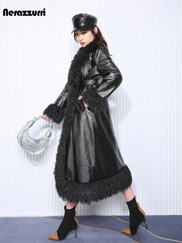 Nerazzurri Autumn Winter Long Loose Black Quilted Warm Soft Pu Leather Coat Women with Faux Fur Trim Sashes European Fashion - Matrix Studios