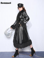 Nerazzurri Autumn Winter Long Loose Black Quilted Warm Soft Pu Leather Coat Women with Faux Fur Trim Sashes European Fashion - Matrix Studios