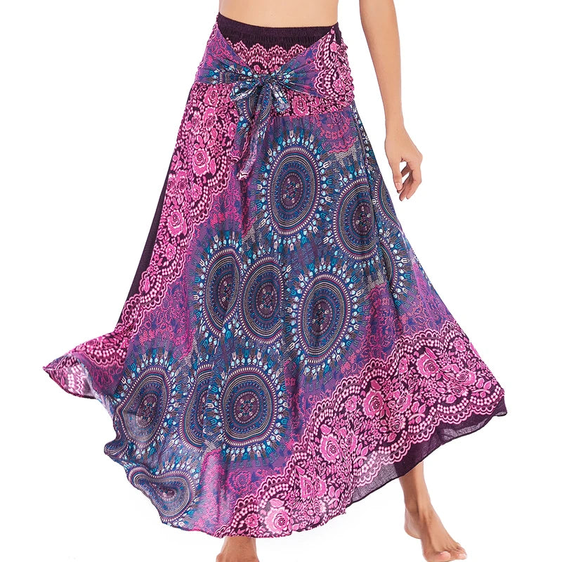 Boho Skirts Women Rayon Beach Long Dress Summer Bohemian Jupe Longue Femme Elastic Waist Print Floral Bandage Halter Hippie - Matrix Studios