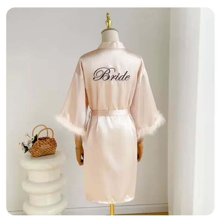 White Bride Wedding Robe with Feathers Women Satin Peignoir Sexy Bridesmids Kimono Gowns Short Bathrobe Bridal Intimate Lingerie - Matrix-studios.com