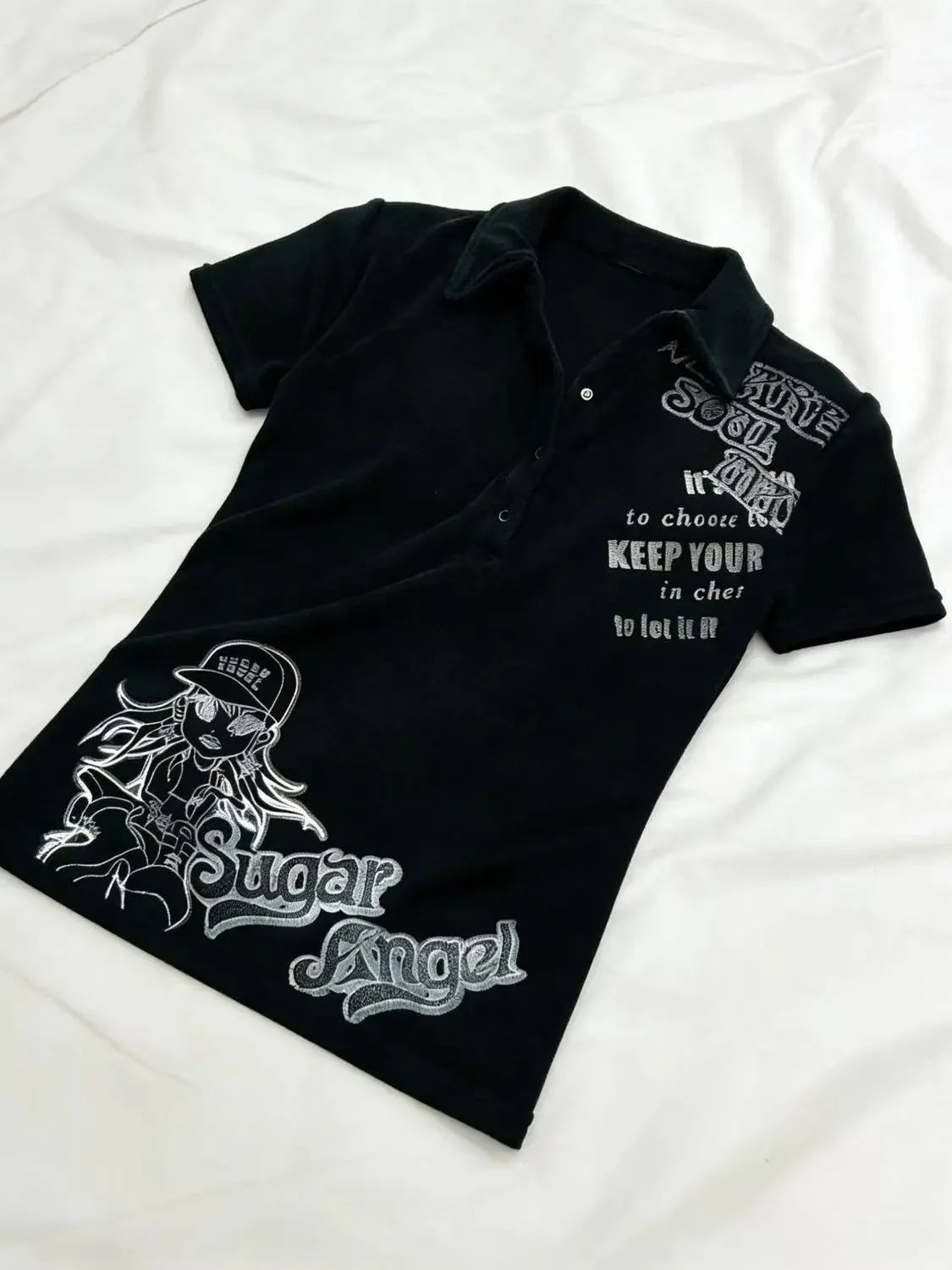 Y2K Japanese Streetwear Polo Shirt Women Slim Crop Tee 2025 White Short Sleeve Tops Letter Badge Houndstooth Vintage Harajuku - Matrix-studios.com