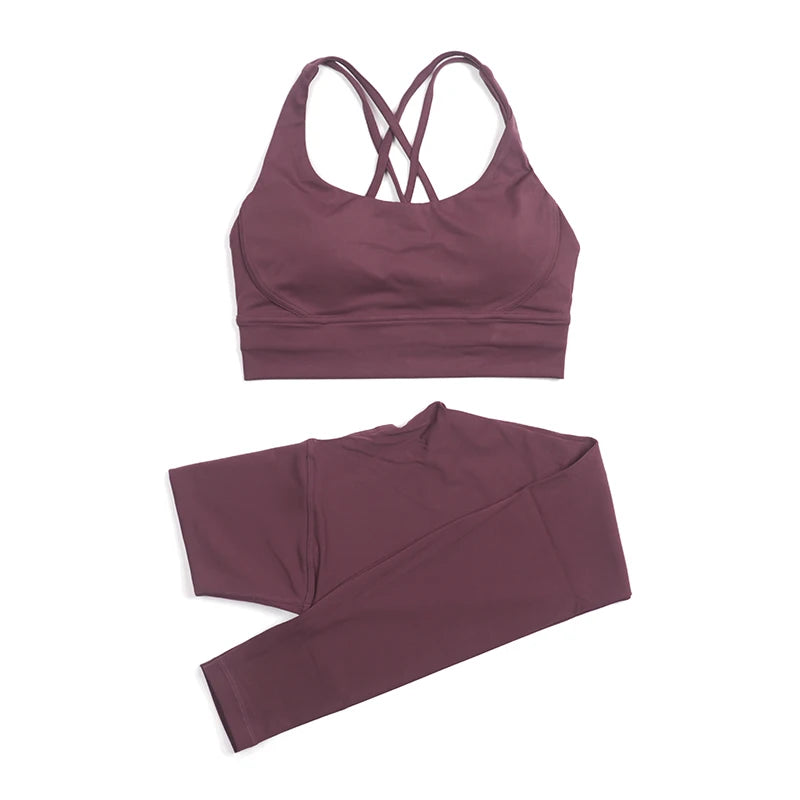 SOISOU Nylon Yoga Set Women's Tracksuit Gym Fitness Set Woman 2 Pieces Leggings Sports Bra Breathable Sportwear Woman Clothes - Matrix-studios.com