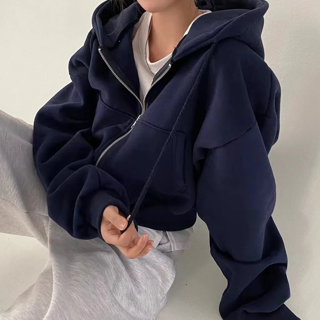 Autumn Winter Hooded Hoodies Women Casual Streetwear Zip Up Sweatshirts Long Sleeve Jackets Harajuku Y2K Crop Tops Hood Shirt - Matrix-studios.com