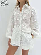 Oymimi Summer White Cotton 2 Piece Sets Women Outfit Casual Jacquard Button Wrist Sleeve Shirts And High Waist Shorts Female Set - Matrix-studios.com