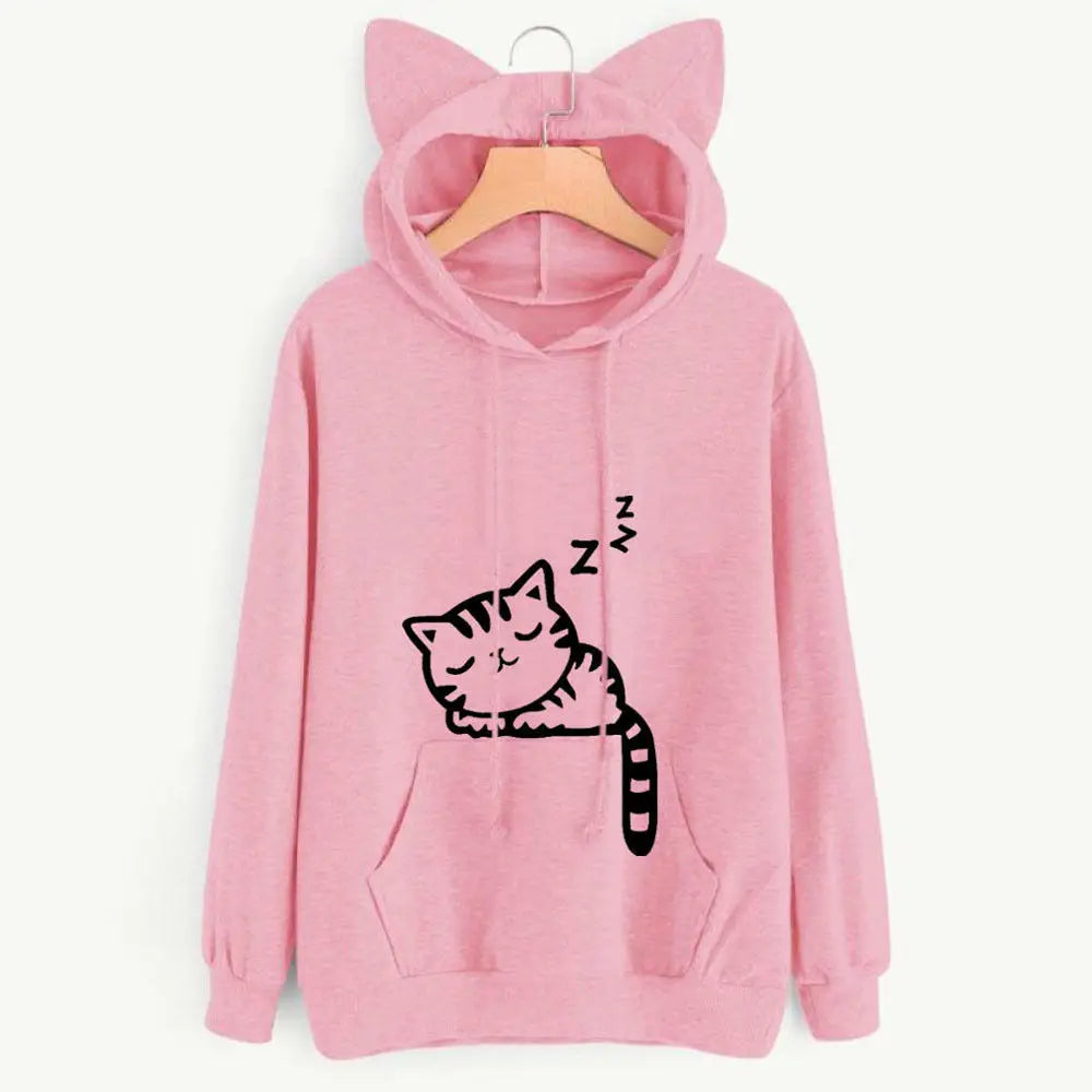 Long Sleeve Hoodies Sweatshirt For Women Cute Cat Print and Ear Kangaroo Pocket Drawstring Hooded Jogger Pullover Tops - Matrix Studios