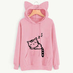 Long Sleeve Hoodies Sweatshirt For Women Cute Cat Print and Ear Kangaroo Pocket Drawstring Hooded Jogger Pullover Tops - Matrix Studios