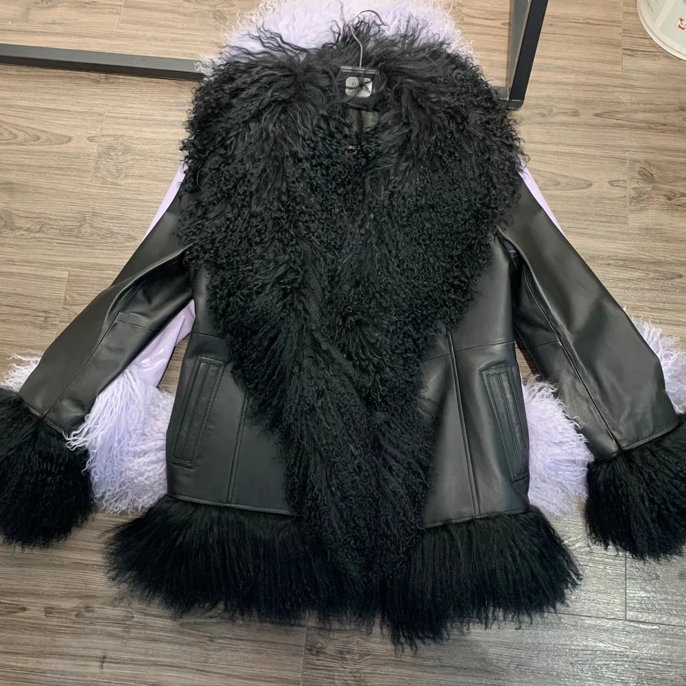 Sheep Collar Coats Women Winter Luxury Mongolian Fur Leather Jackets with Long Sleeve 7251 - Matrix Studios