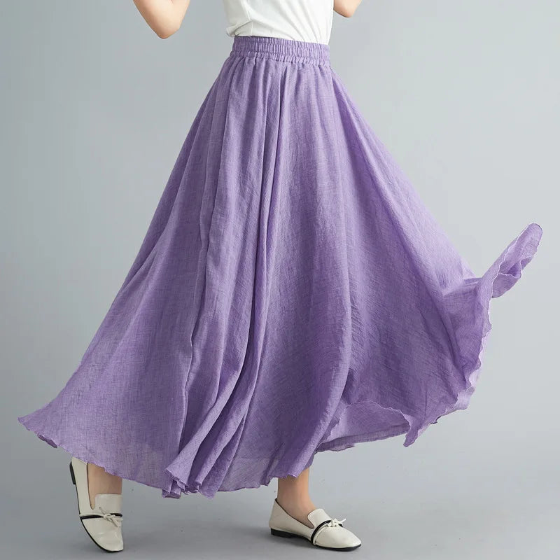 28-Color Mori Girl Literary Cotton Linen Dress Elastic Waist A-line Expansion Skirt Solid Color Ethnic Style Women Long Skirts - Matrix-studios.com