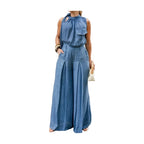 Pant Suit Halter Neck Tie Sleeveless Chest Pocket High Waist Pleated Wide Leg Trousers Matching Outfit For Women Vacation Daily Elegant Wear - Matrix-studios.com