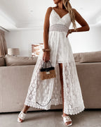 Summer V Neck Solid Color Lace Hollow-Out Sleeveless Sling Party Wear High Waist Rompers Holiday Casual White Women's Jumpsuit - Matrix Studios